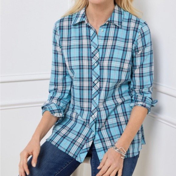 TALBOTS Blue Metallic Plaid Long Sleeve Button Front Top NWT - Picture 1 of 4
